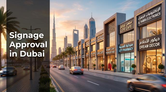 Modern Dubai retail street with bilingual Arabic and English shop signage at golden hour