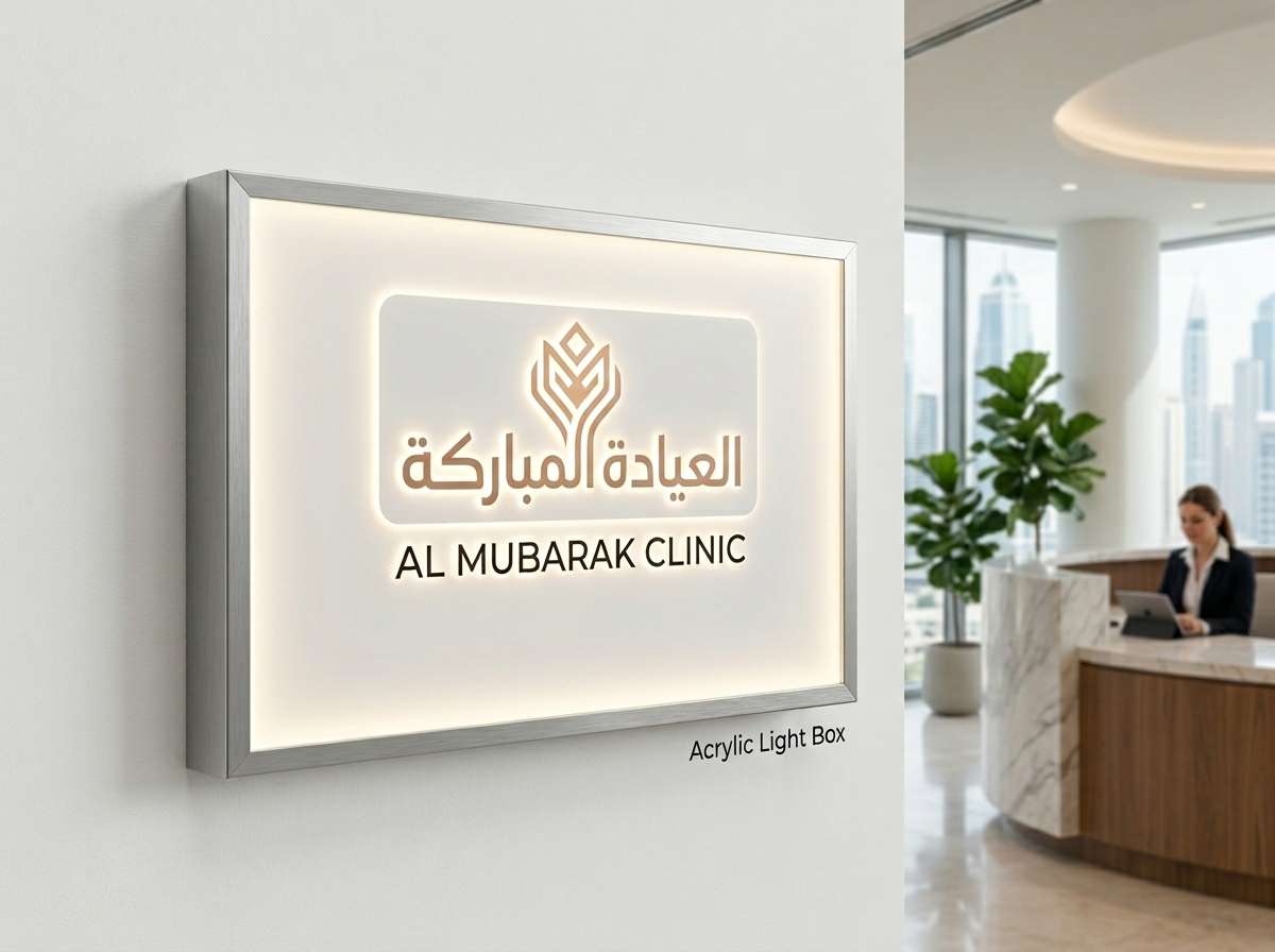 Acrylic light box sign mounted on an office reception wall in Dubai
