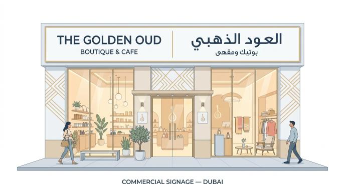 Flat illustration of a Dubai shopfront displaying Arabic and English signage side by side