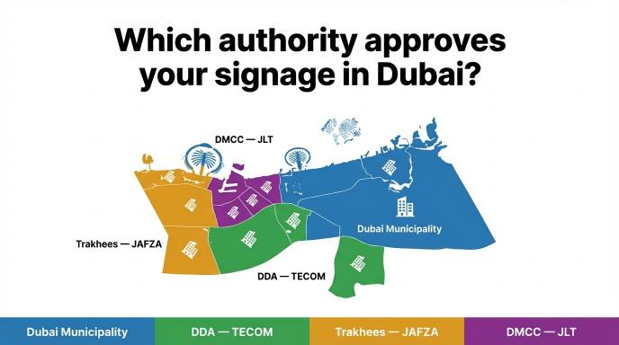 Color-coded map of Dubai showing which authority approves signage in each zone