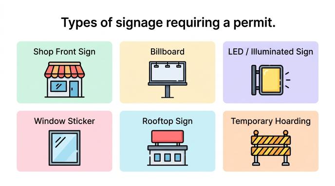 Icon grid showing six types of commercial signs that require a permit in Dubai