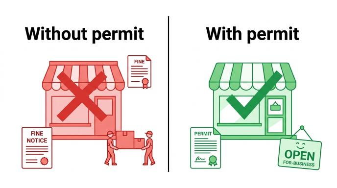 Split-screen illustration comparing consequences of installing signage without a permit versus with a valid permit in Dubai