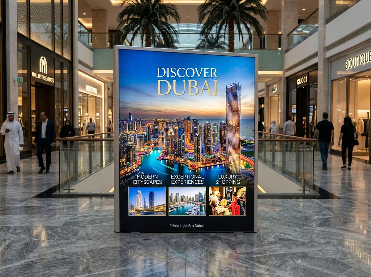 Seamless fabric light box display installed in a Dubai mall interior