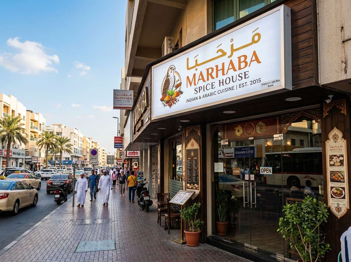 Front-lit LED light box sign on a Dubai restaurant shopfront fascia