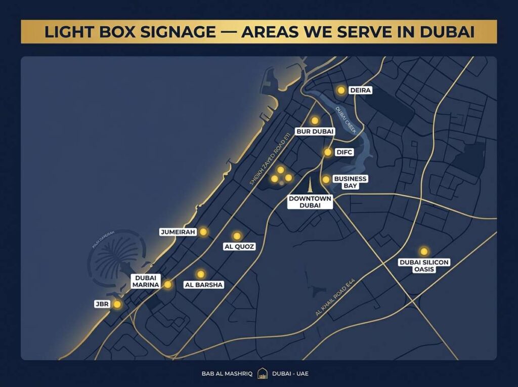 Illustrated map of Dubai showing light box signage service areas including Downtown, Business Bay, DIFC, and Al Quoz
