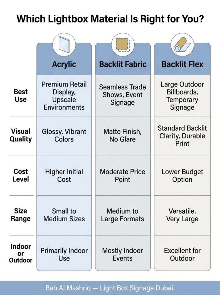Infographic comparing acrylic, backlit fabric, and backlit flex lightbox materials for Dubai businesses