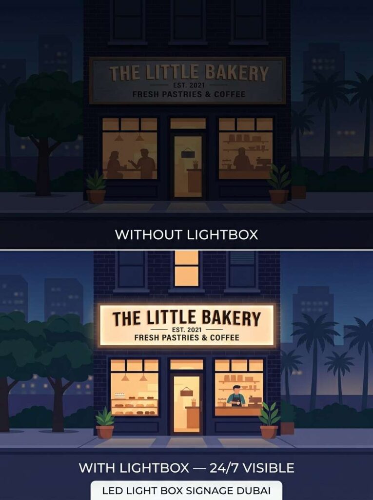 Split screen comparison of a shopfront with and without a light box sign in Dubai