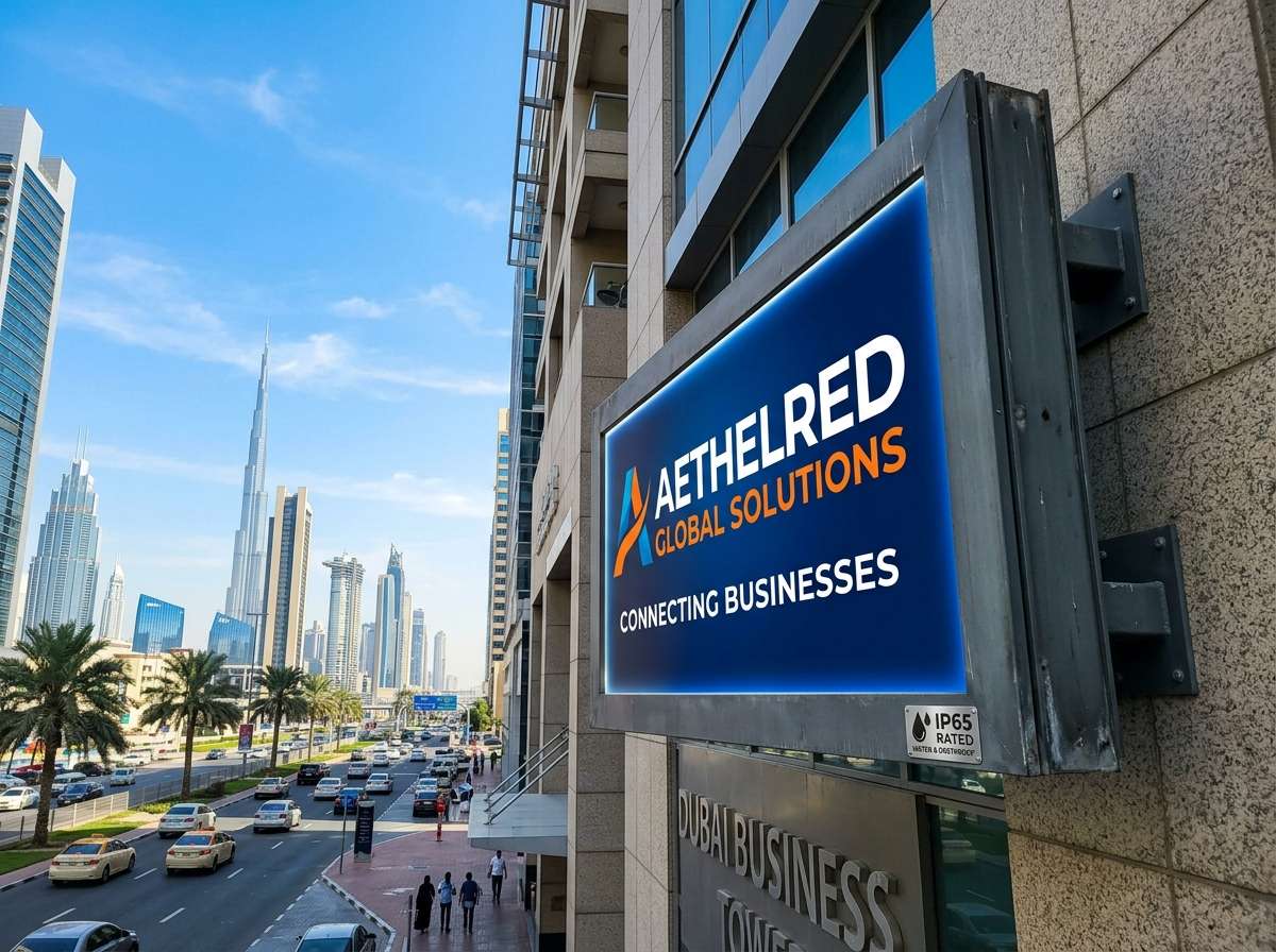 IP65-rated outdoor light box sign mounted on a Dubai building facade