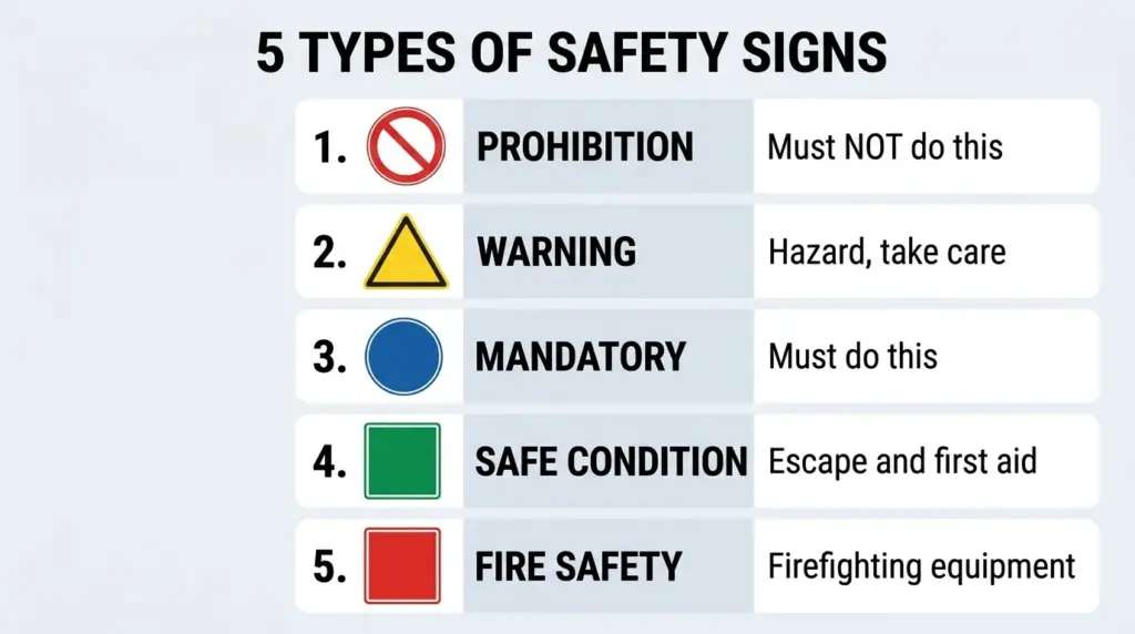 Infographic of five safety sign types: prohibition, warning, mandatory, safe condition, fire