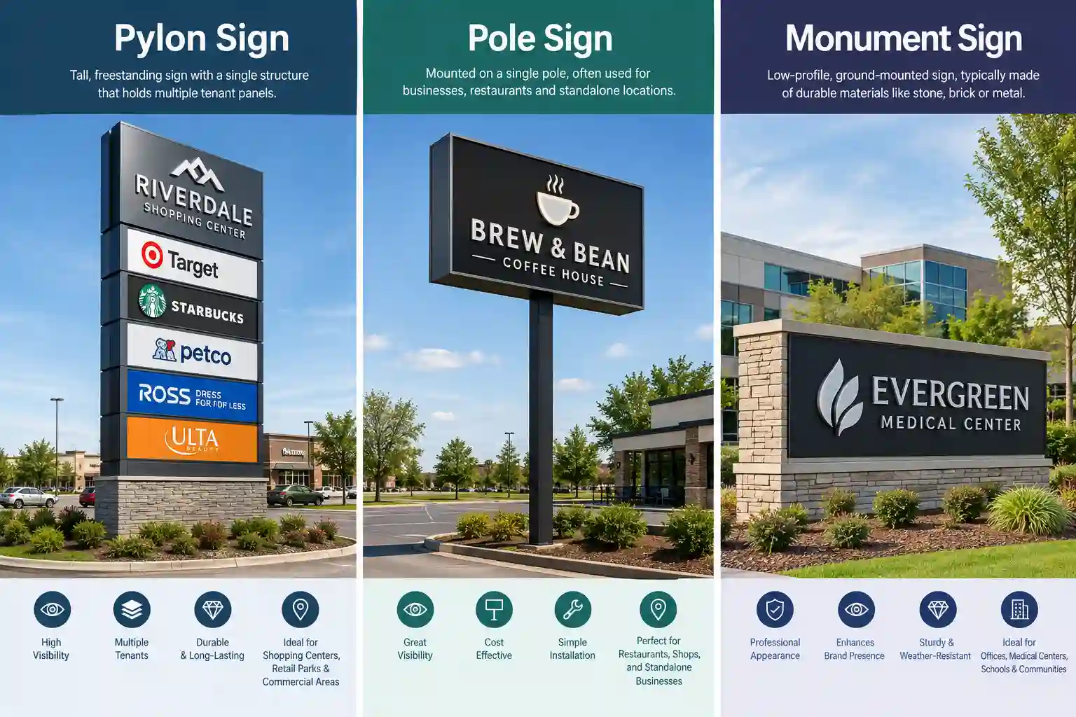 Pylon sign vs pole sign vs monument sign