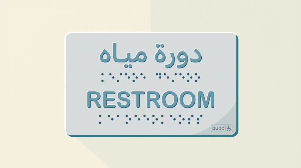 UAE accessible sign with Arabic and English tactile text and Braille under DUDC