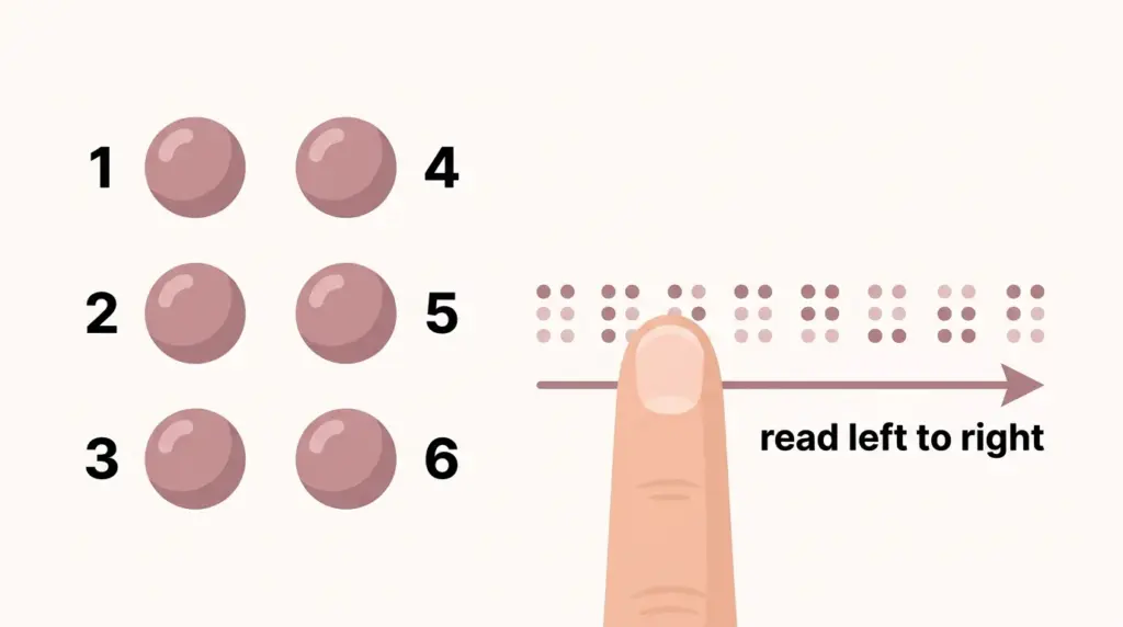 Braille cell diagram showing six raised dots in two columns of three