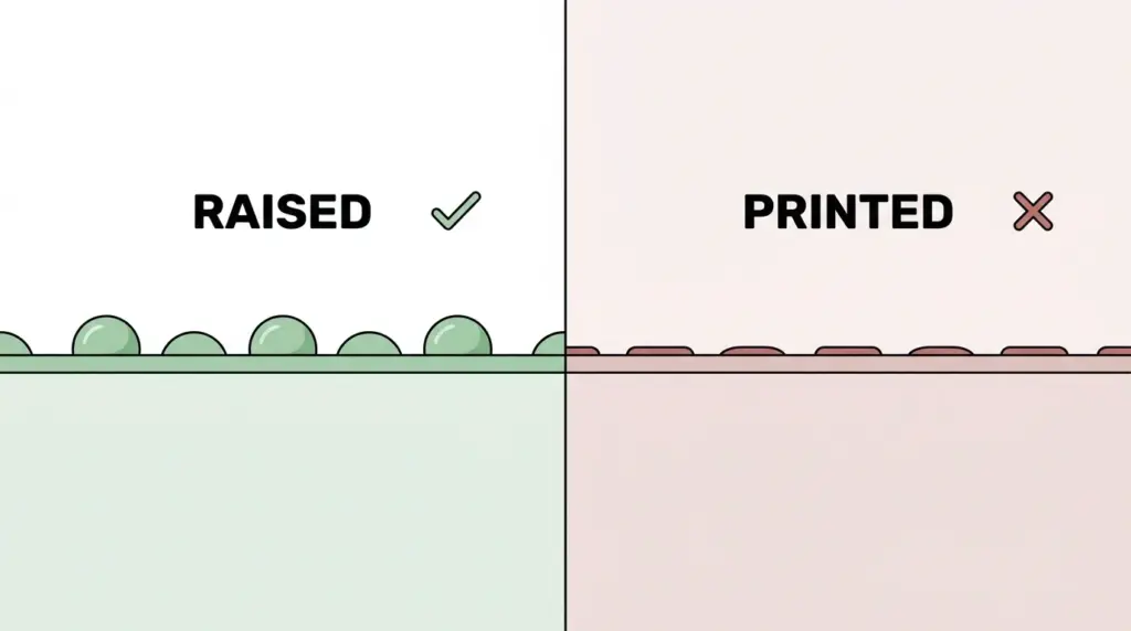 Comparison of raised manufactured Braille dots versus flat printed dots on a sign