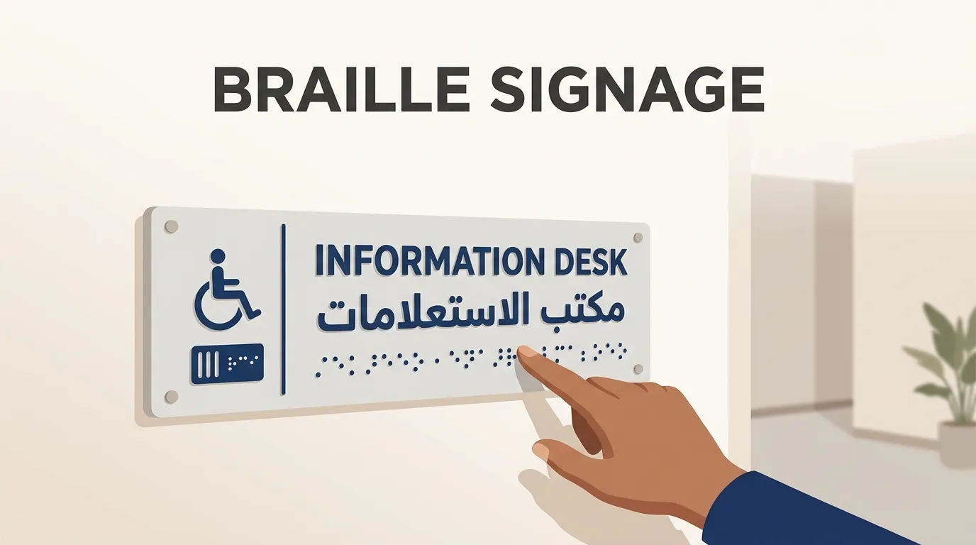 Accessible room sign with raised tactile text and Braille dots in Arabic and English