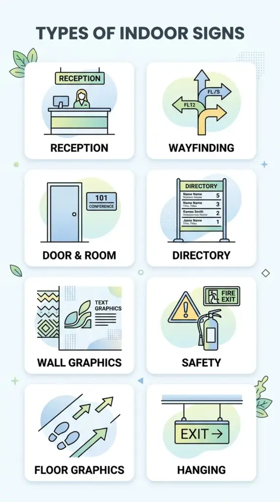 Infographic grid of indoor sign types including reception, wayfinding, room and directory signs