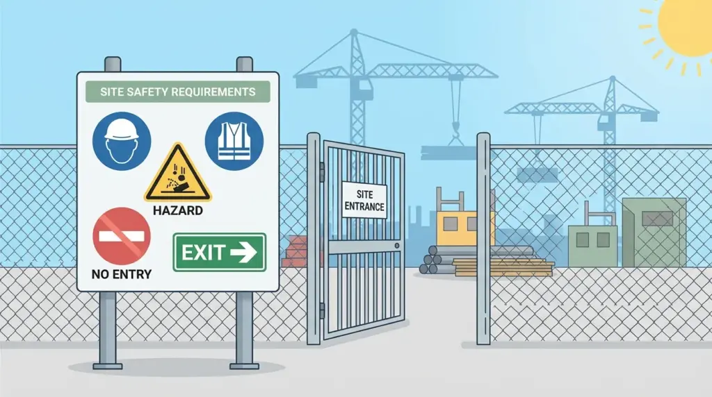 Construction site entrance with PPE mandatory signs, hazard warnings and no-entry signs
