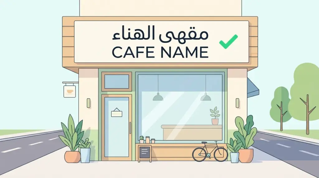 Dubai shopfront fascia sign showing Arabic text placed above English trade name