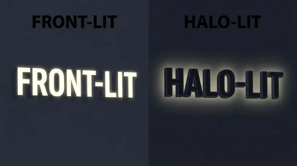 Side-by-side of front-lit channel letters and halo-lit letters glowing on a wall