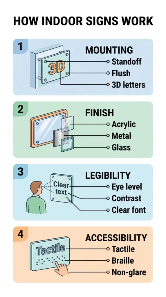 Infographic of indoor sign factors: mounting, finish, legibility and accessibility