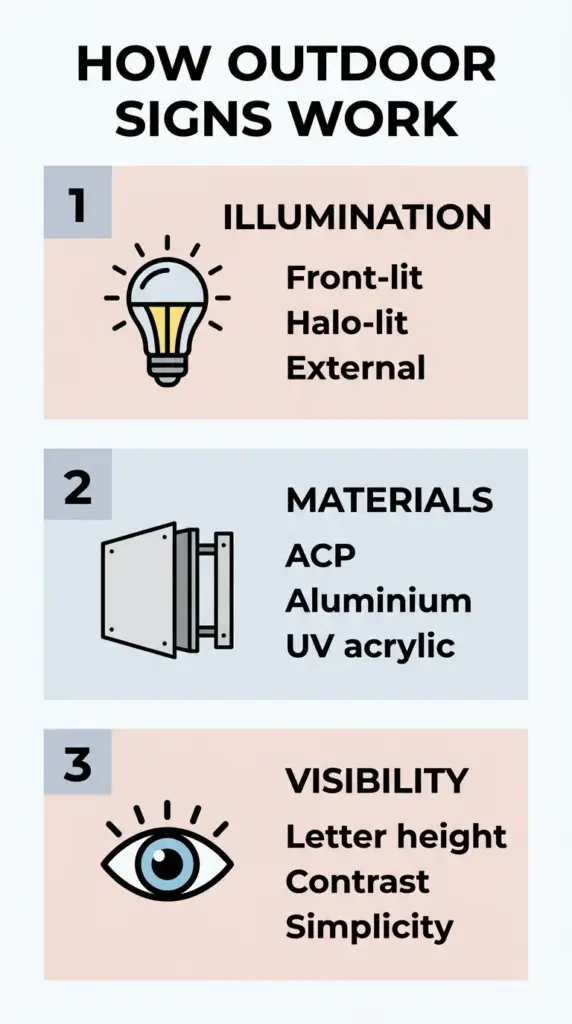 Infographic showing outdoor sign factors: illumination, durable materials and visibility