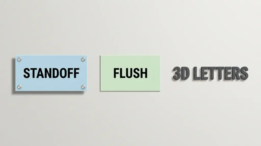 Three indoor signs shown with standoff, flush and 3D dimensional lettering mounting