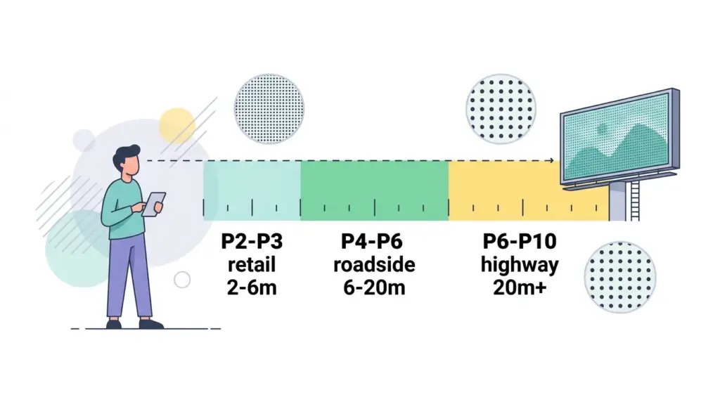 Diagram linking LED pixel pitch ranges to viewing distances from retail to highway
