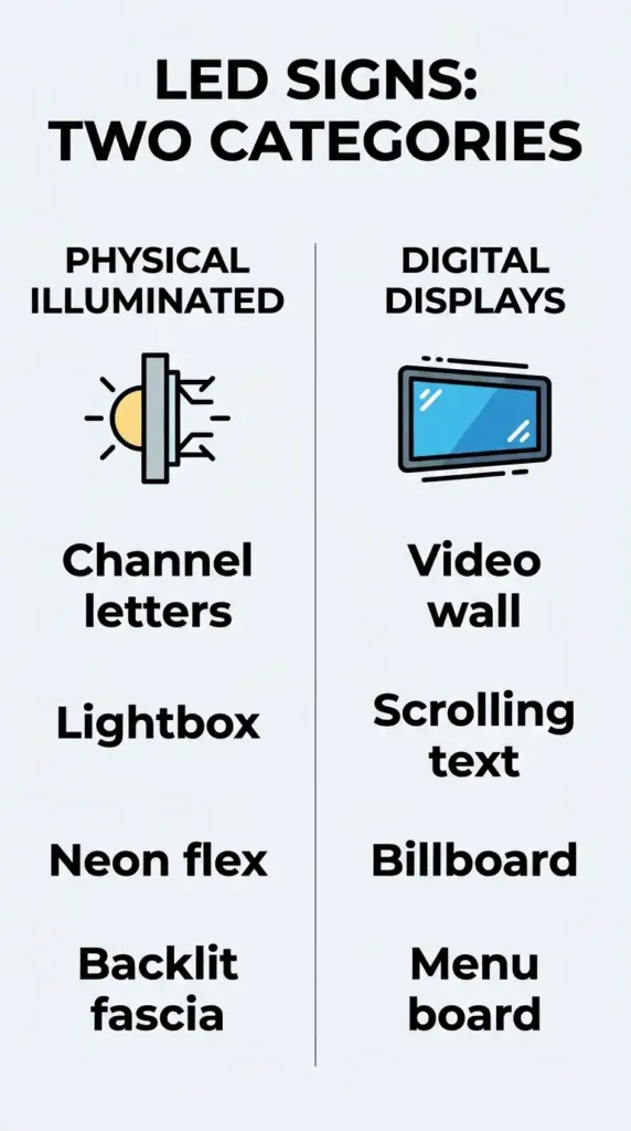Infographic comparing physical illuminated LED signs and digital LED display screens