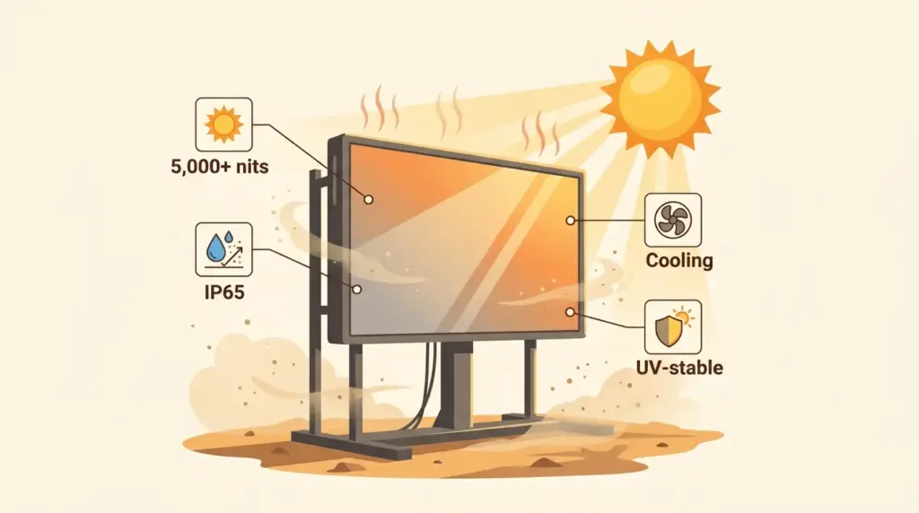Outdoor LED screen in Dubai sun showing sealing, cooling and high brightness features