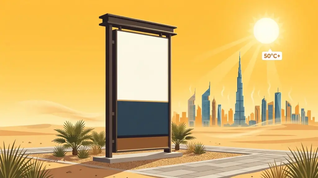 Outdoor sign under intense Dubai sun showing durable UV-resistant materials
