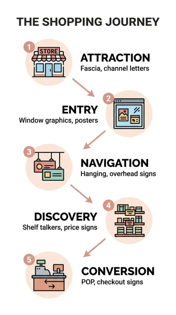 Infographic of five shopping journey stages from attraction to conversion with sign types