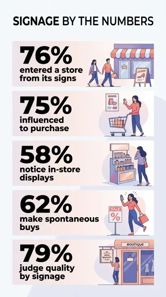 Infographic of retail signage statistics including 76% store entry and 75% purchase influence