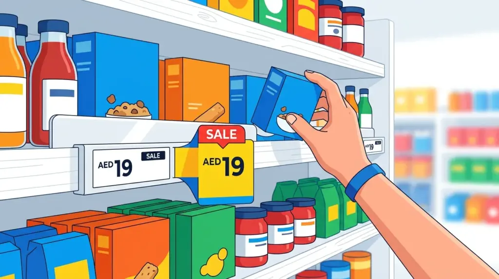 Close-up of a retail shelf with shelf talkers and price signs highlighting a product