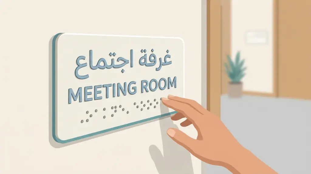 Tactile room sign with raised Arabic and English text and Braille under Dubai design code