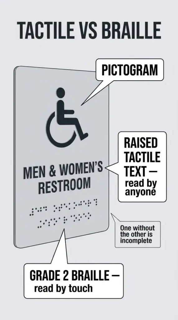 Diagram of a compliant sign showing raised tactile characters above Braille dots