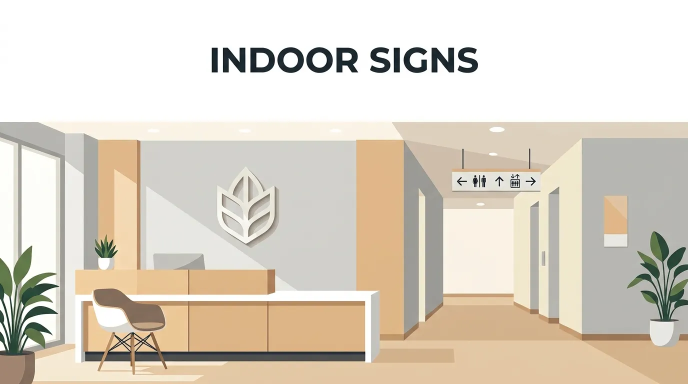 Modern office lobby with a branded reception sign and a corridor wayfinding sign