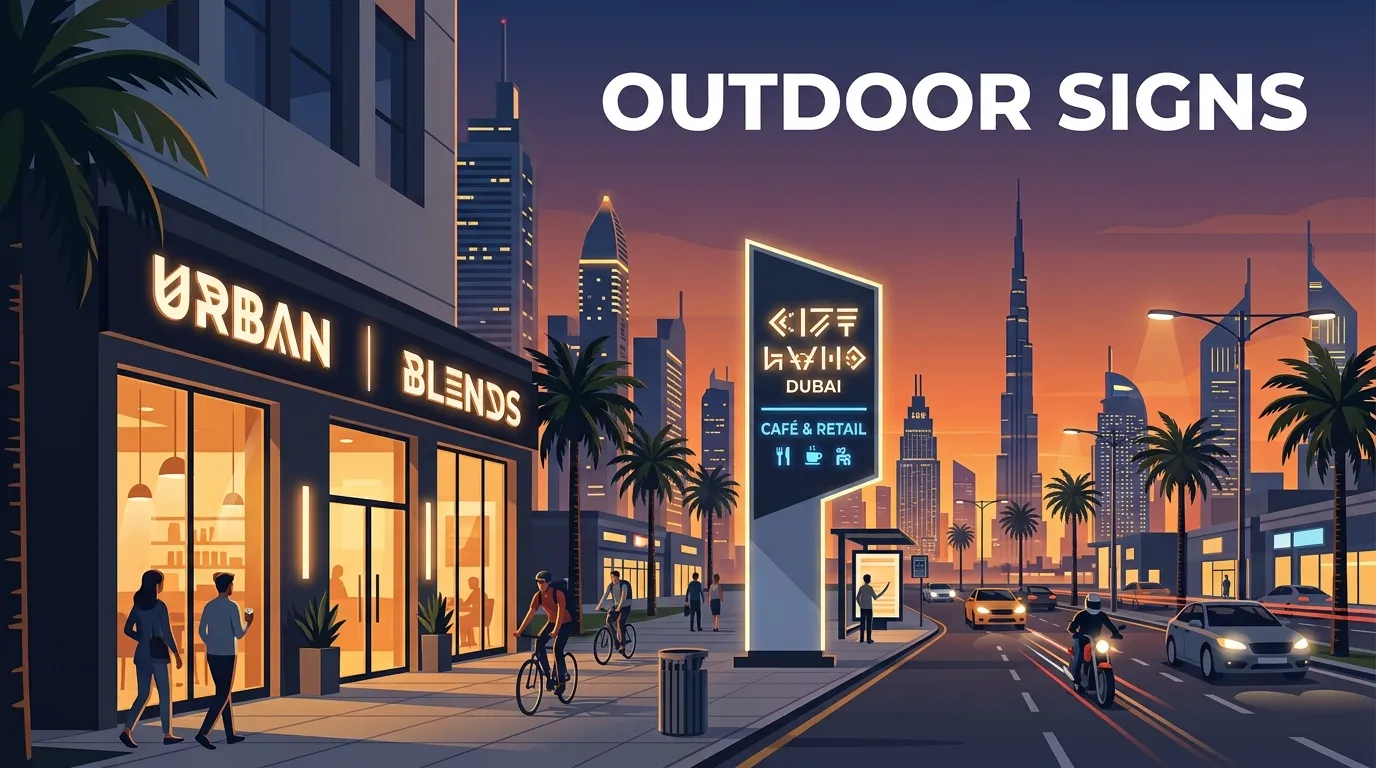 Dubai storefront with illuminated channel letters and a tall roadside pylon sign