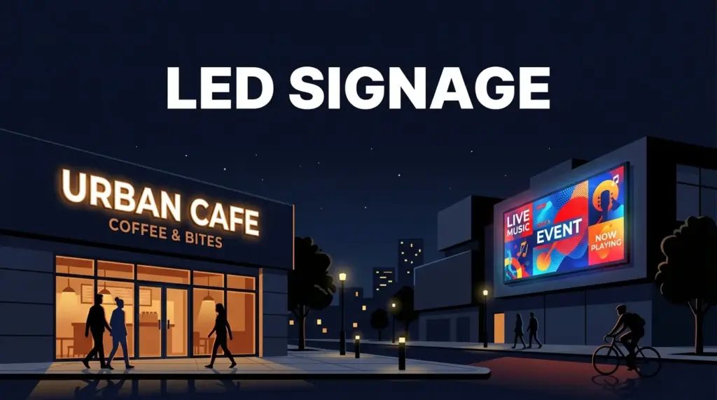 Illuminated LED channel letters beside a glowing digital LED display screen at night