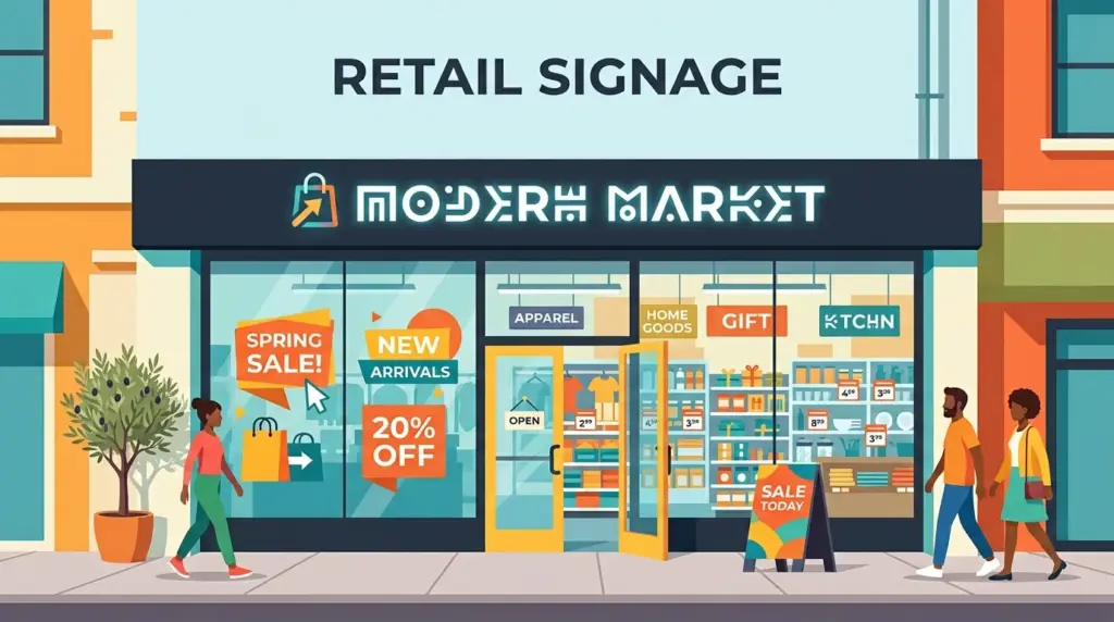 Modern retail storefront with fascia sign, window graphics and interior aisle signs