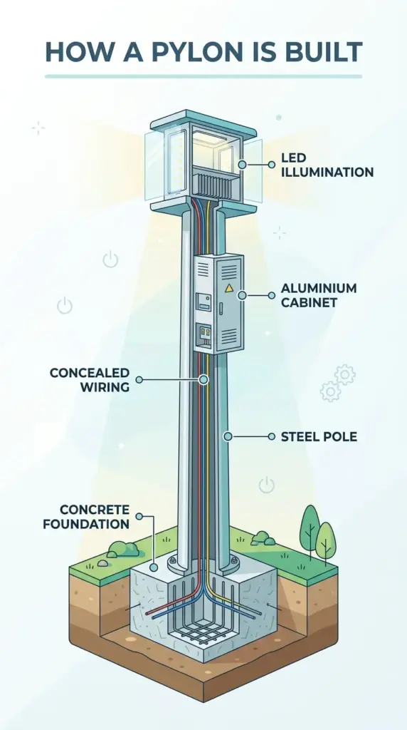 Cross-section diagram of a pylon sign showing foundation, pole, wiring and cabinet