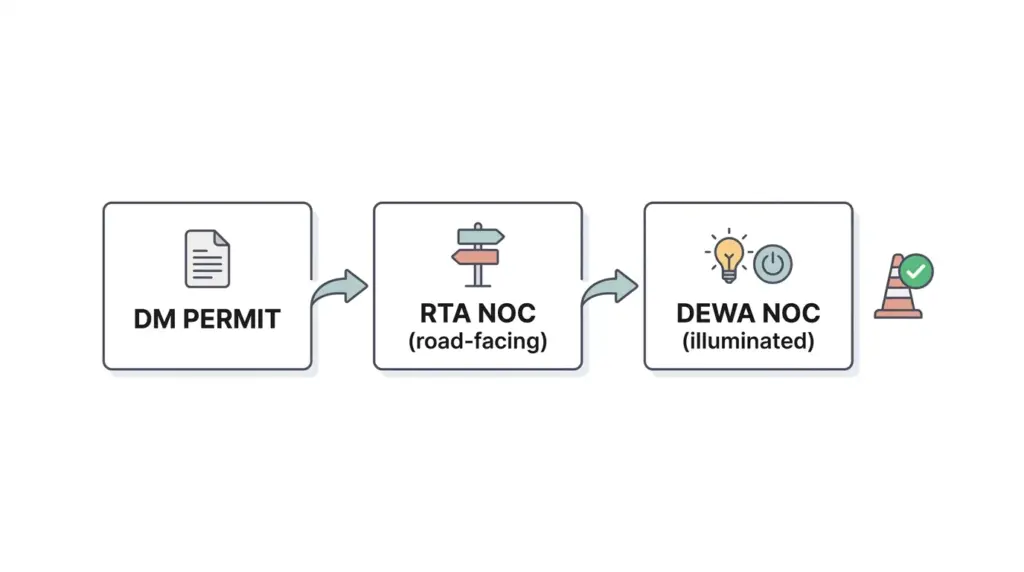Flow of Dubai pylon permits across DM, RTA and DEWA authorities