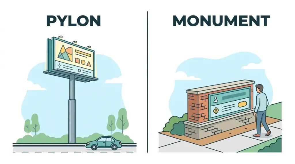 Side-by-side comparison of a tall pylon sign and a low monument sign