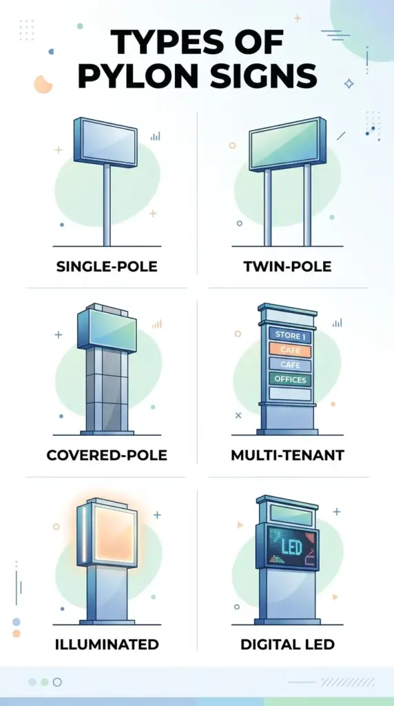 Infographic of pylon sign types including single-pole, twin-pole, covered and multi-tenant