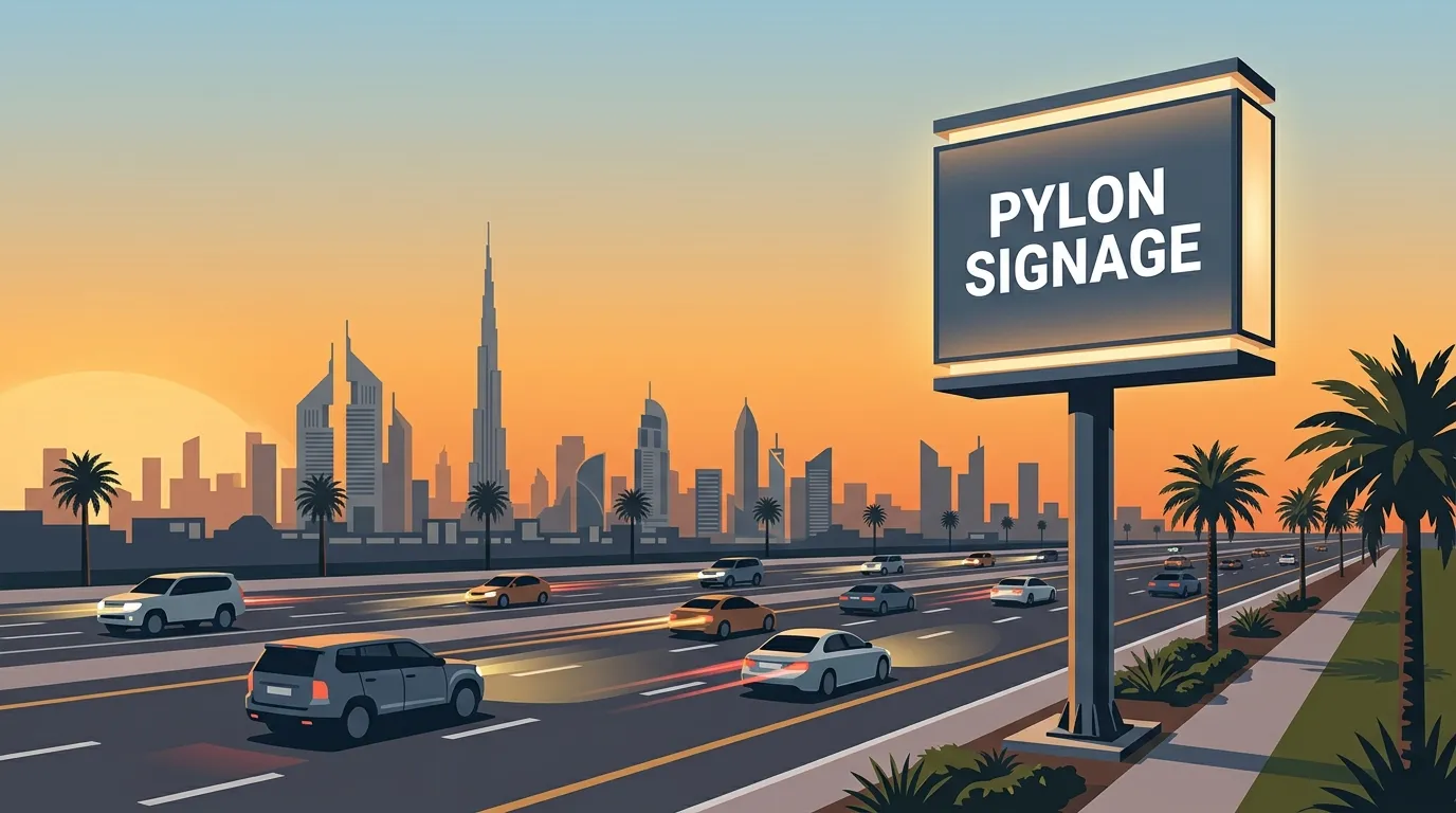 Tall illuminated pylon sign beside a Dubai road seen against the sky